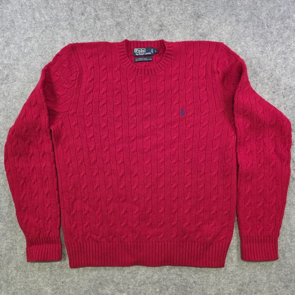 VTG Polo Ralph‎ Lauren Sweater Mens Large Red Merino Angora Cable Knit Crewneck